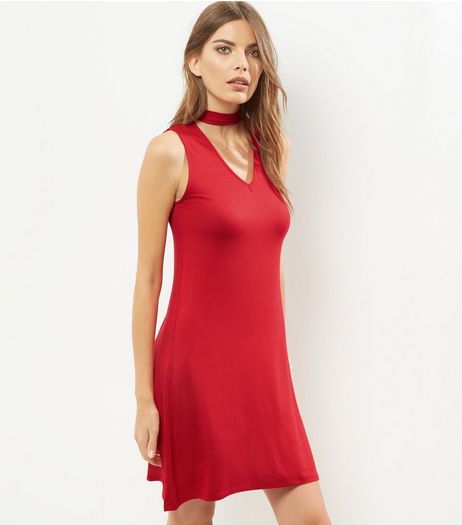 Red Choker Neck Sleeveless Swing Dress | New Look