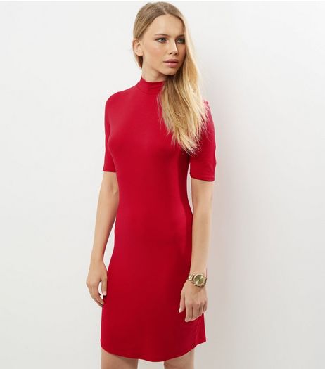 Red Funnel Neck Curve Hem Bodycon Dress | New Look