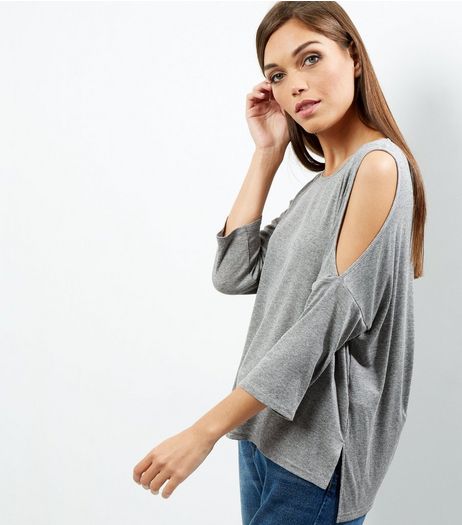 Grey Ribbed Cold Shoulder Top | New Look