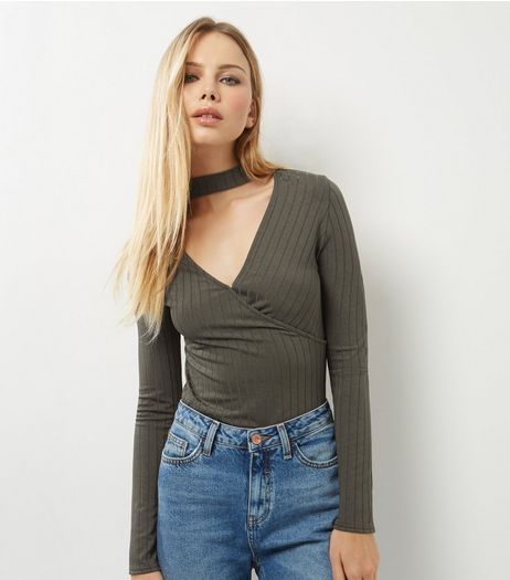 Khaki Choker Neck Wrap Front Ribbed Long Sleeve Top | New Look