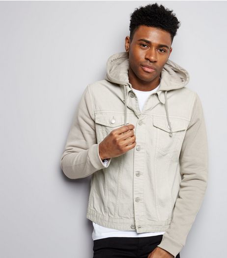 Stone Jersey Sleeve Hooded Denim Jacket | New Look
