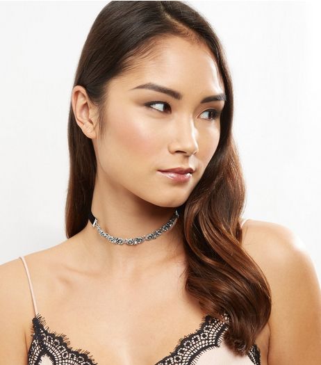 Black Velvet Silver Stone Choker | New Look