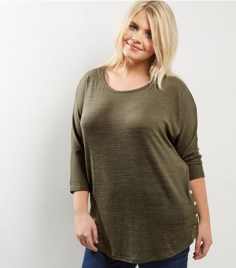 Curves Khaki Fine Knit Popper Hem Top | New Look