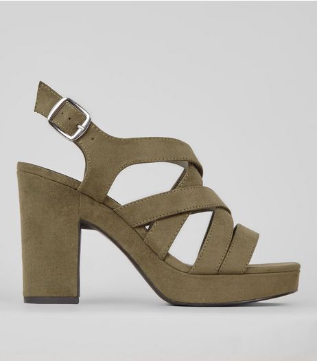 Khaki Suedette Multi Strap Platform Heels | New Look