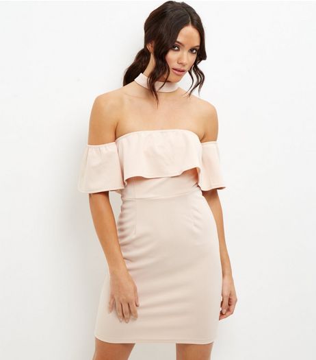 Shell Pink Choker Bardot Neck Dress | New Look