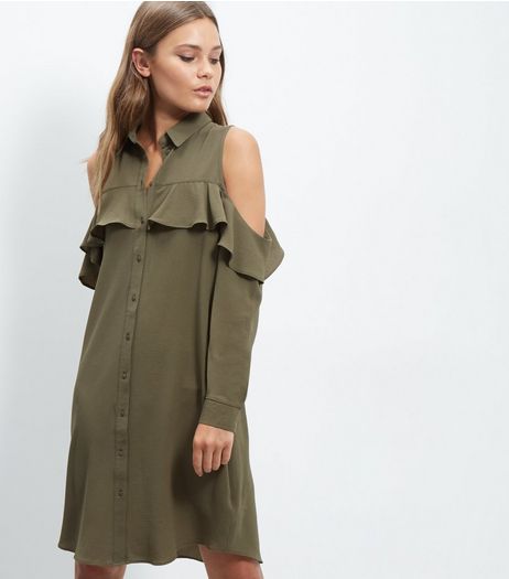 Cameo Rose Khaki Cold Shoulder Shirt Dress | New Look