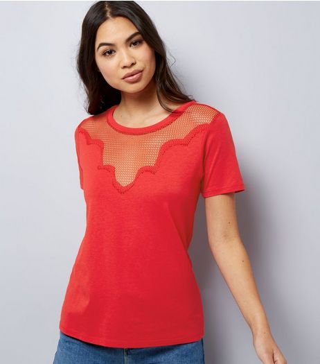 Red Mesh Panel Short Sleeve T-Shirt | New Look