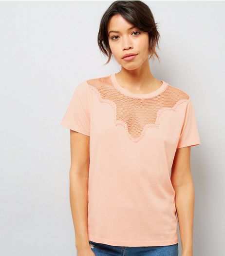 Orange Mesh Panel Short Sleeve T-Shirt | New Look