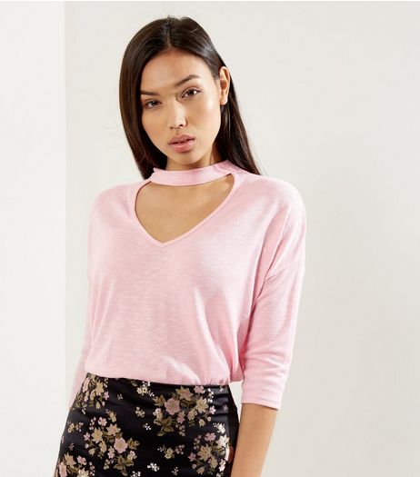 Shell Pink Choker Neck 3/4 Sleeve Top | New Look