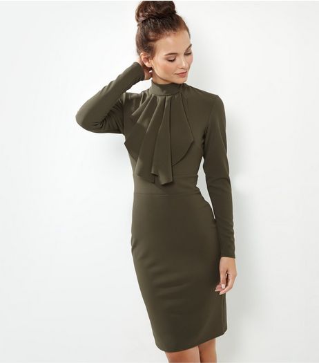 Blue Vanilla Khaki Ruffle Front Funnel Neck Dress | New Look