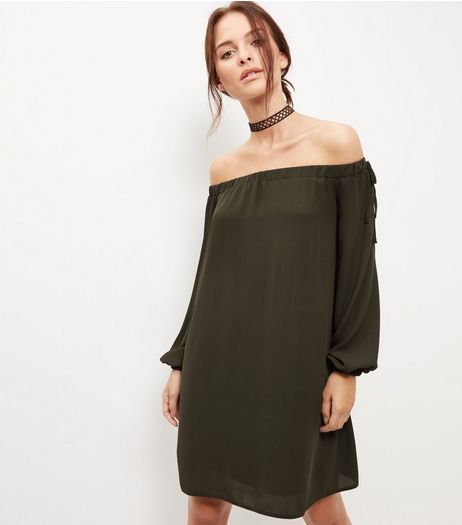 Blue Vanilla Khaki Bardot Neck Dress | New Look