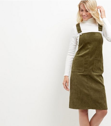 Blue Vanilla Khaki Cord Pinafore Dress | New Look