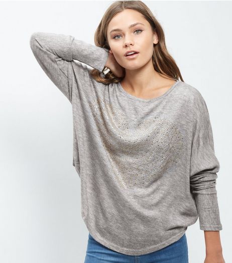 Blue Vanilla Grey Embellished Heart Batwing Top | New Look