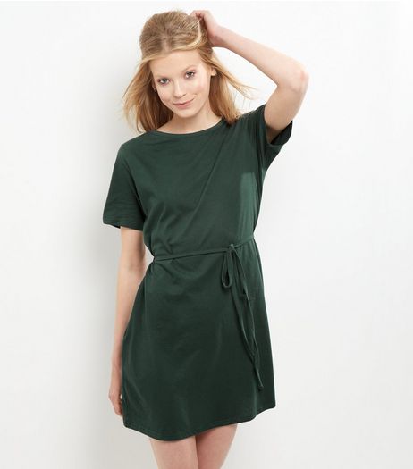 Green Tie Waist Short Sleeve Tunic Dress | New Look