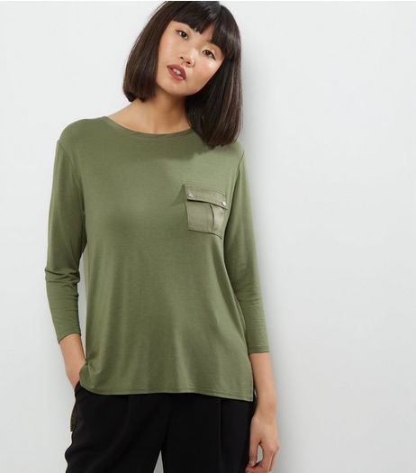 Khaki Pocket Front Sateen Back Top | New Look