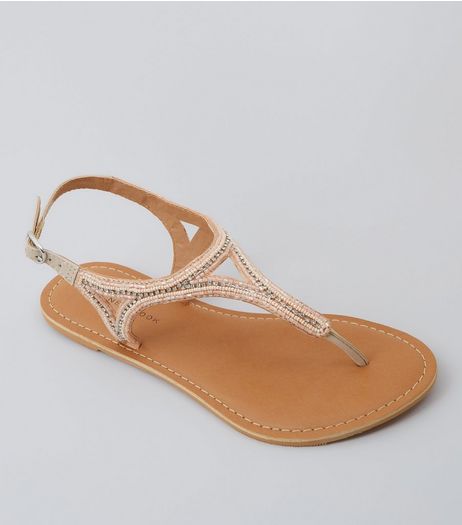Wide Fit Pink Beaded Leather Sandals | New Look