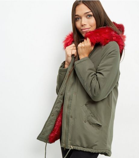 Khaki Bright Faux Fur Trim Parka | New Look