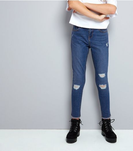 Teens Blue Dark Wash Ripped Knee Skinny Jeans | New Look