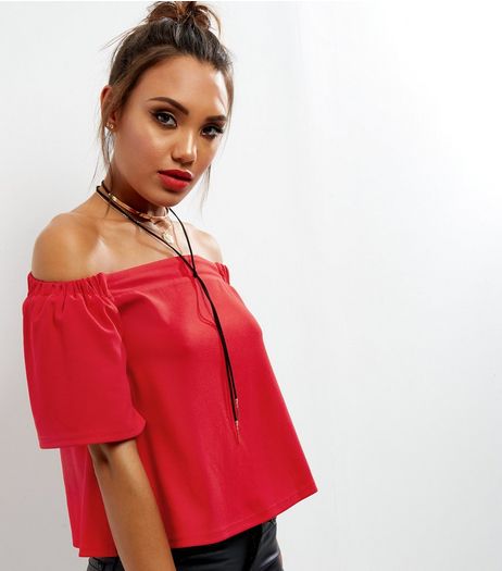 Red Crepe Bardot Neck Top | New Look