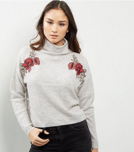 Pale Grey Floral Embroidered Funnel Neck Sweater | New Look