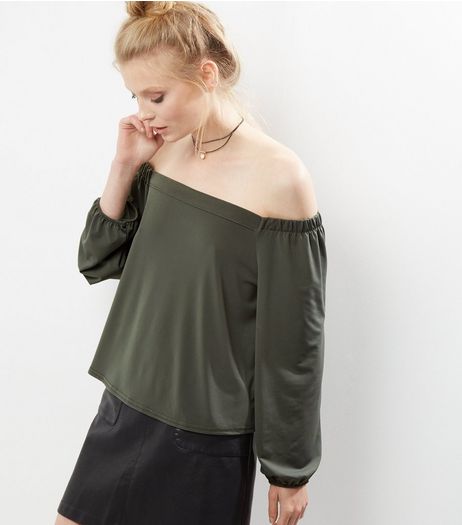 Khaki Long Sleeve Bardot Neck Top | New Look