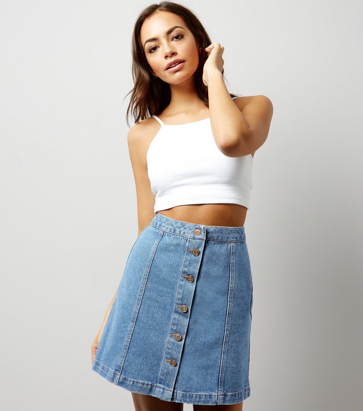 Blue Denim Button Front A-Line Skirt | New Look
