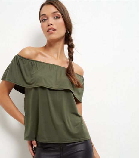 Khaki Frill Trim Bardot Neck Top | New Look