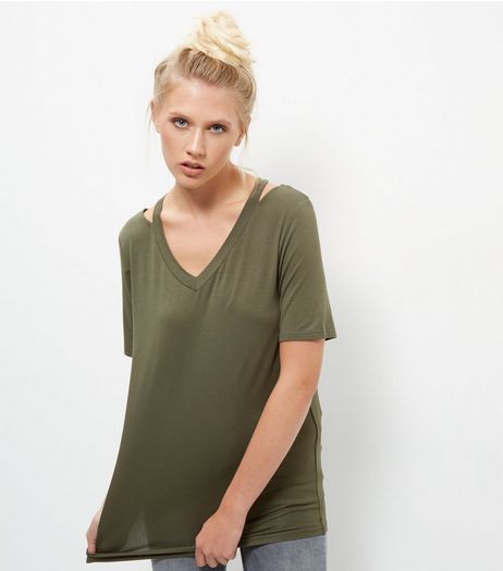 Khaki Cut Out Shoulder V Neck Top | New Look