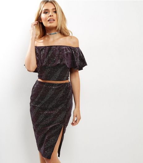 Petite Dark Purple Giltter Velvet Pencil Skirt | New Look