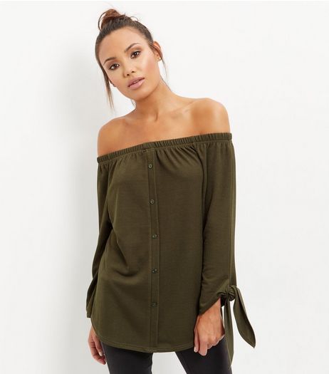 Cameo Rose Khaki Bardot Neck Tie Sleeve Top | New Look