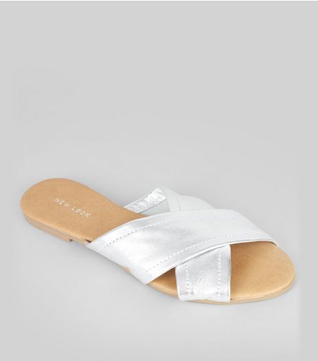 Silver Leather Cross Strap Mules | New Look