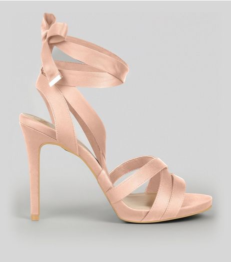 Wide Fit Nude Pink Satin Tie Up Strappy Heels | New Look
