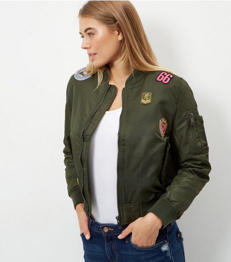Blue Vanilla Khaki Badge Print Bomber Jacket | New Look