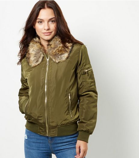 Parisian Khaki Puffa Bomber Jacket | New Look