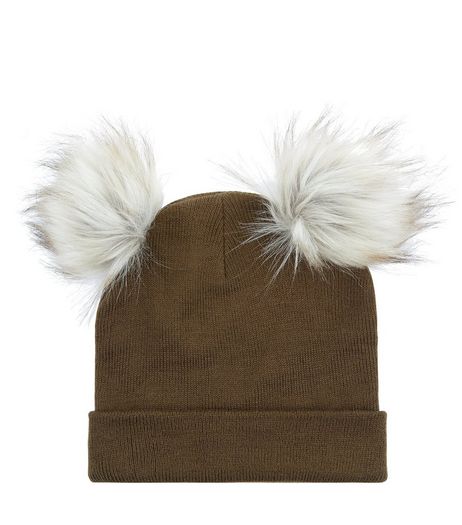 Khaki Faux Fur Pom Pom Beanie | New Look