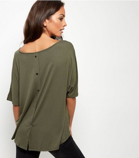 Khaki Oversized Button Back T-Shirt | New Look