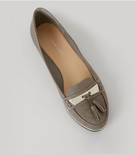 Grey Textured Metal Bar Front Tassel Detail Loafers | New Look