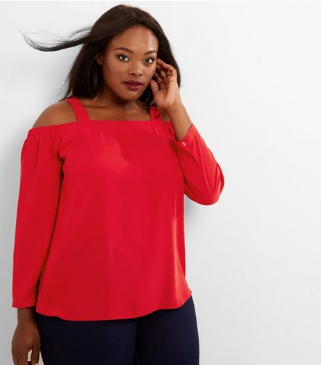 Curves Red Bardot Neck Cold Shoulder Top | New Look