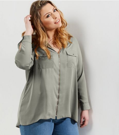 Curves Khaki Zip Front Shirt | New Look