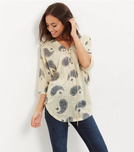 Apricot Stone Paisley Print Lace Up Top | New Look