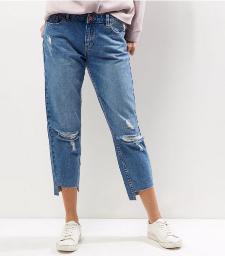Blue Ripped Step Hem Boyfriend Jeans | New Look