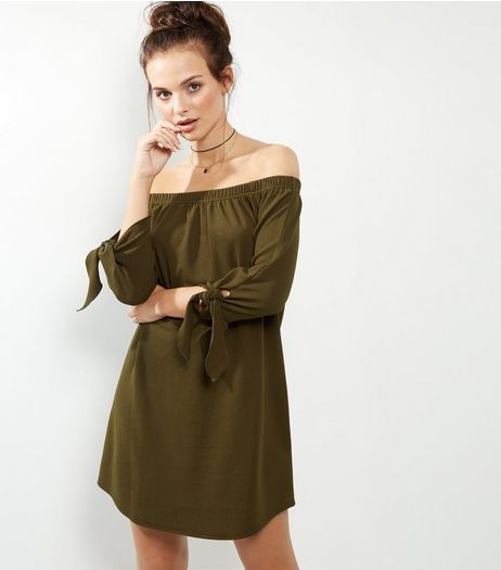 Khaki Tie Sleeve Bardot Dress | New Look