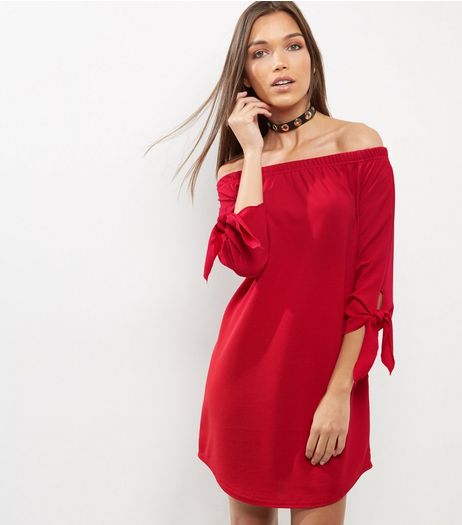 Red Tie Sleeve Bardot Neck Dress | New Look