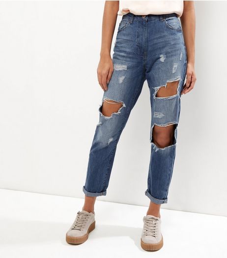 Parisian Blue Ripped Turn Up Boyfriend Jeans | New Look