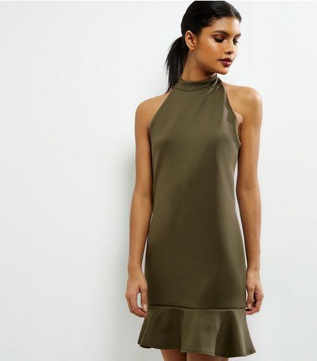 Khaki Peplum Hem Funnel Neck Bodycon Dress | New Look