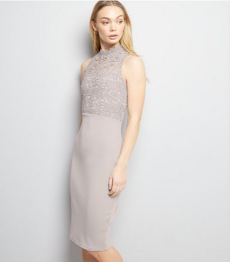 AX Paris Grey Lace Neck Midi Dress | New Look