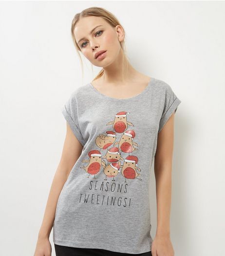 Grey Christmas Robin T-Shirt | New Look