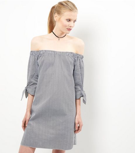 Grey Stripe Tie Sleeve Bardot Neck Dress | New Look