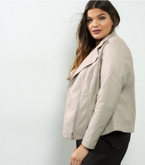Curves Grey Leather-Look Jacket | New Look