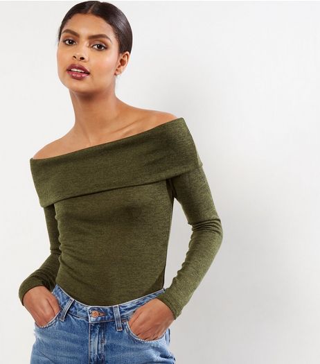 Blue Vanilla Khaki Bardot Neck Crop Top | New Look
